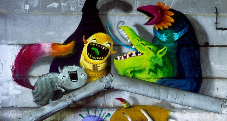 Kim Köster pinta divertidos monstruos en lugares abandonados